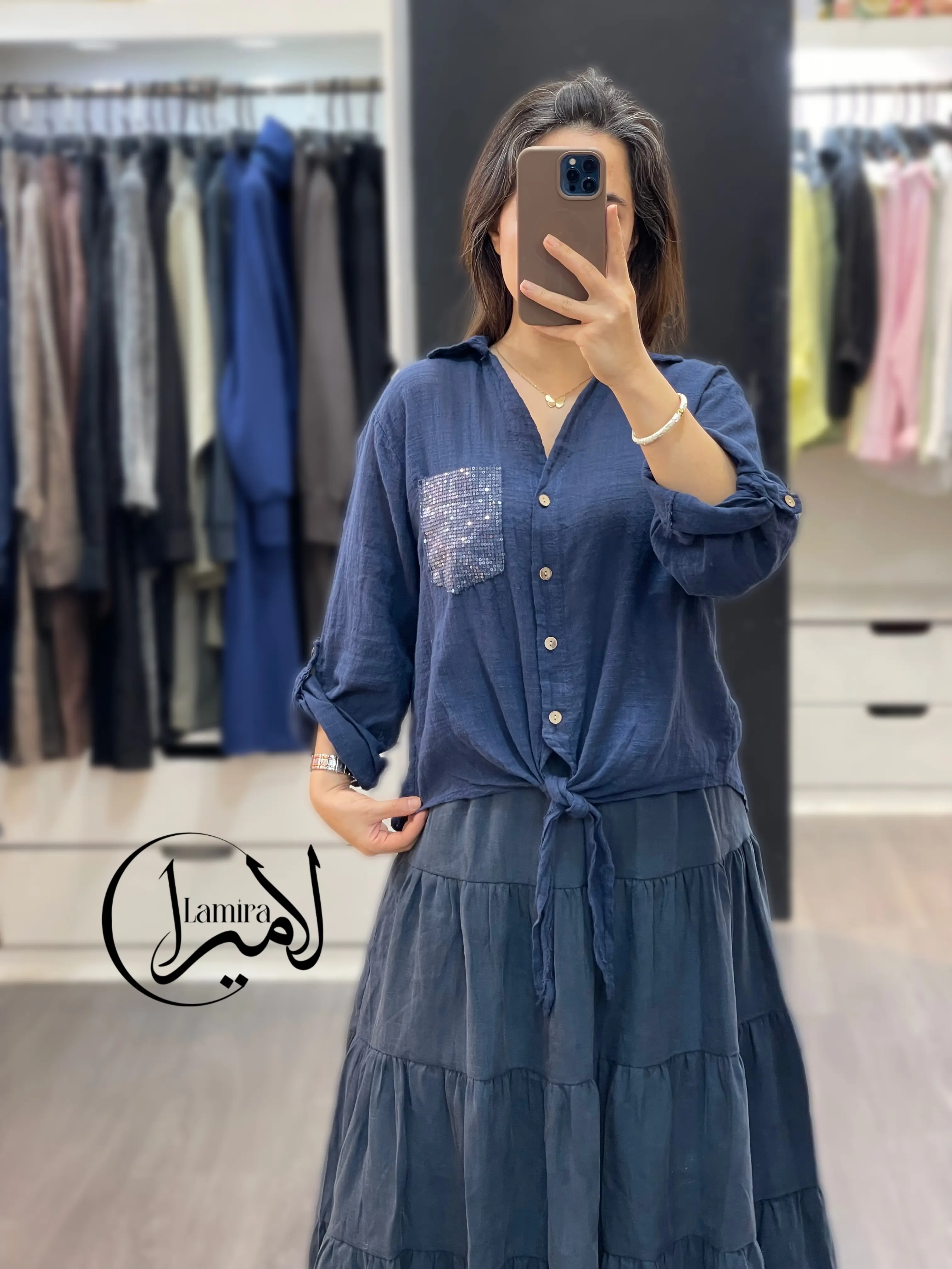 شومیز جلو گره ای لینن ایتالیایی جیب پولکی